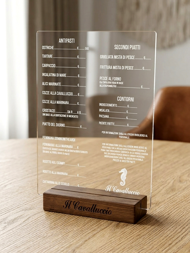 menu plexiglass trasparente incisione laser con base legno